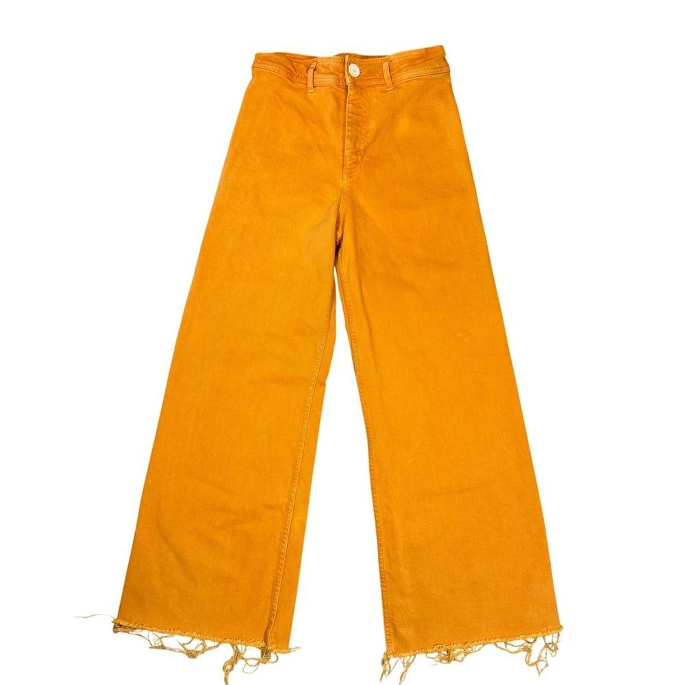 Zara High Waisted Wide Leg Boho Hippie Pants Orange Raw Hem Denim Jeans Size 6
